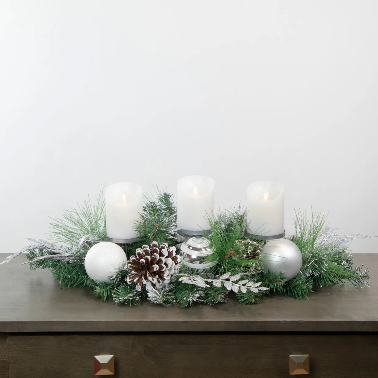 30" Green Pine and Needle Triple Candle Holder with Pinecones and Christmas Ornaments