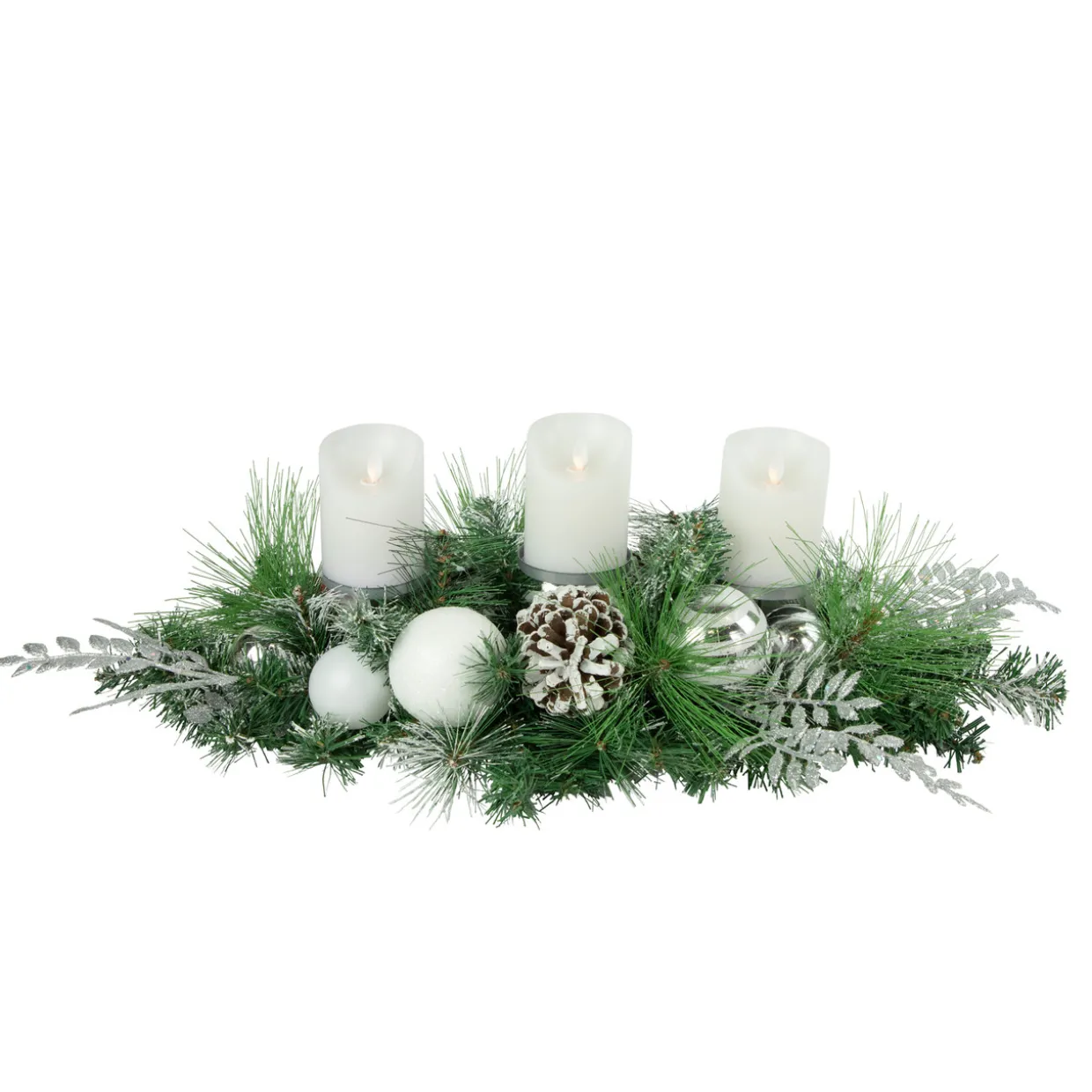 30" Green Pine and Needle Triple Candle Holder with Pinecones and Christmas Ornaments