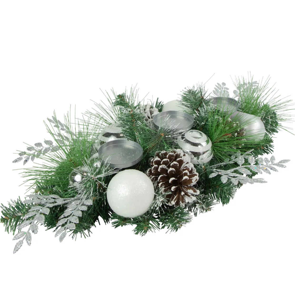 30" Green Pine and Needle Triple Candle Holder with Pinecones and Christmas Ornaments