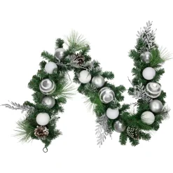 6' Green Pine Needle Garland with Pinecones and Striped Christmas Ornaments, Unlit