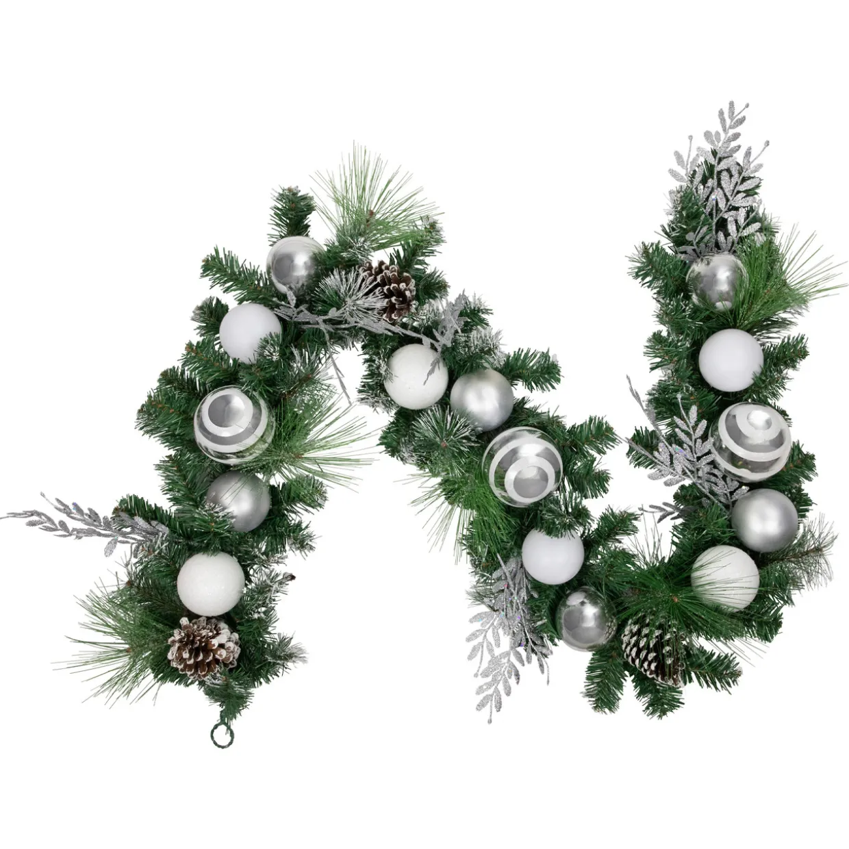 6' Green Pine Needle Garland with Pinecones and Striped Christmas Ornaments, Unlit