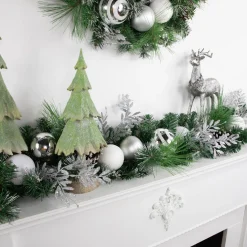 6' Green Pine Needle Garland with Pinecones and Striped Christmas Ornaments, Unlit