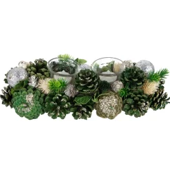 13" Green Pinecone and Silver Glitter Ornaments Christmas Tealight Candle Holder