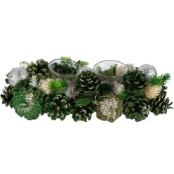 13" Green Pinecone and Silver Glitter Ornaments Christmas Tealight Candle Holder