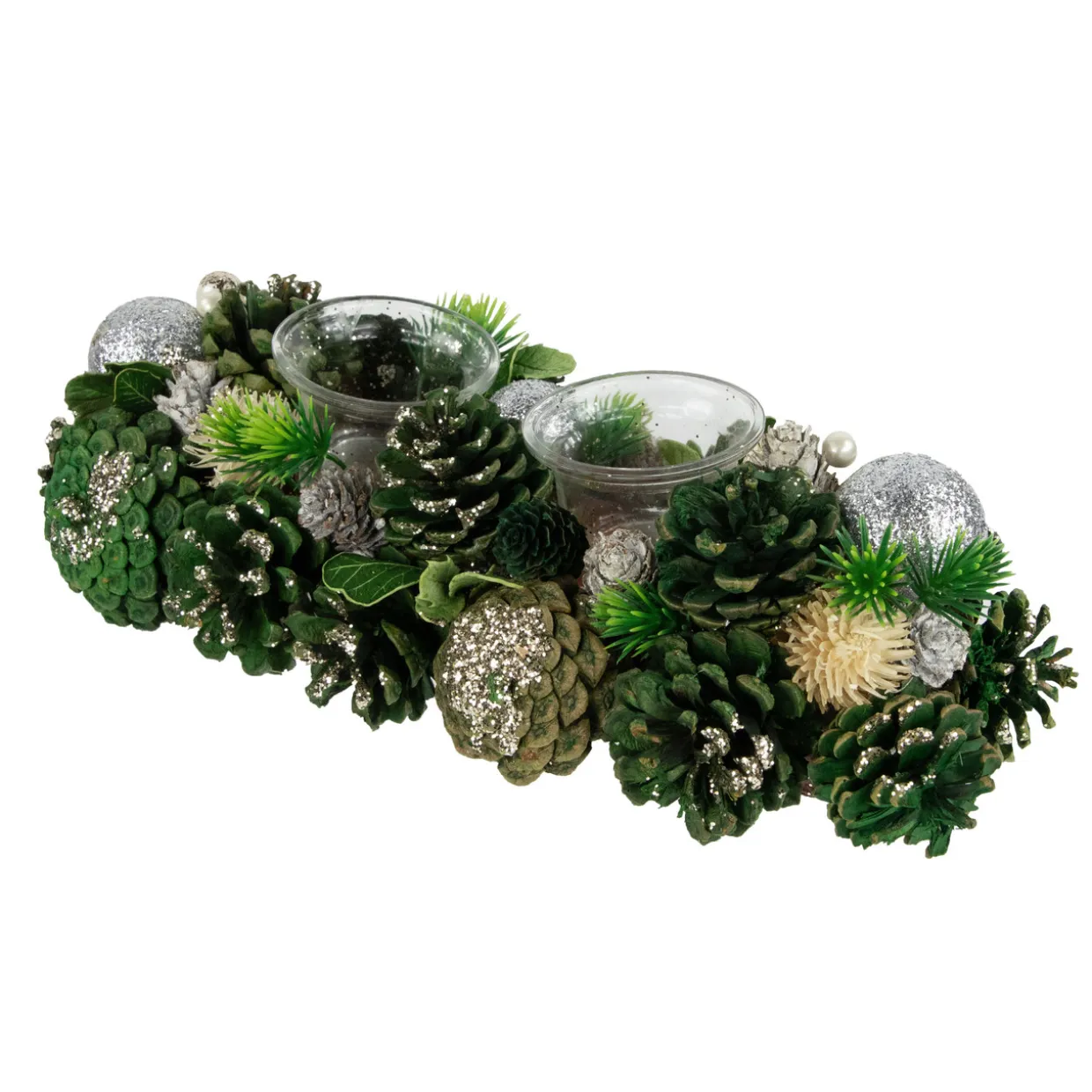 13" Green Pinecone and Silver Glitter Ornaments Christmas Tealight Candle Holder
