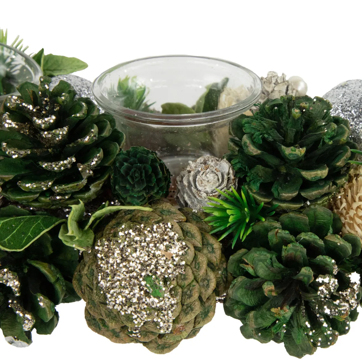 13" Green Pinecone and Silver Glitter Ornaments Christmas Tealight Candle Holder