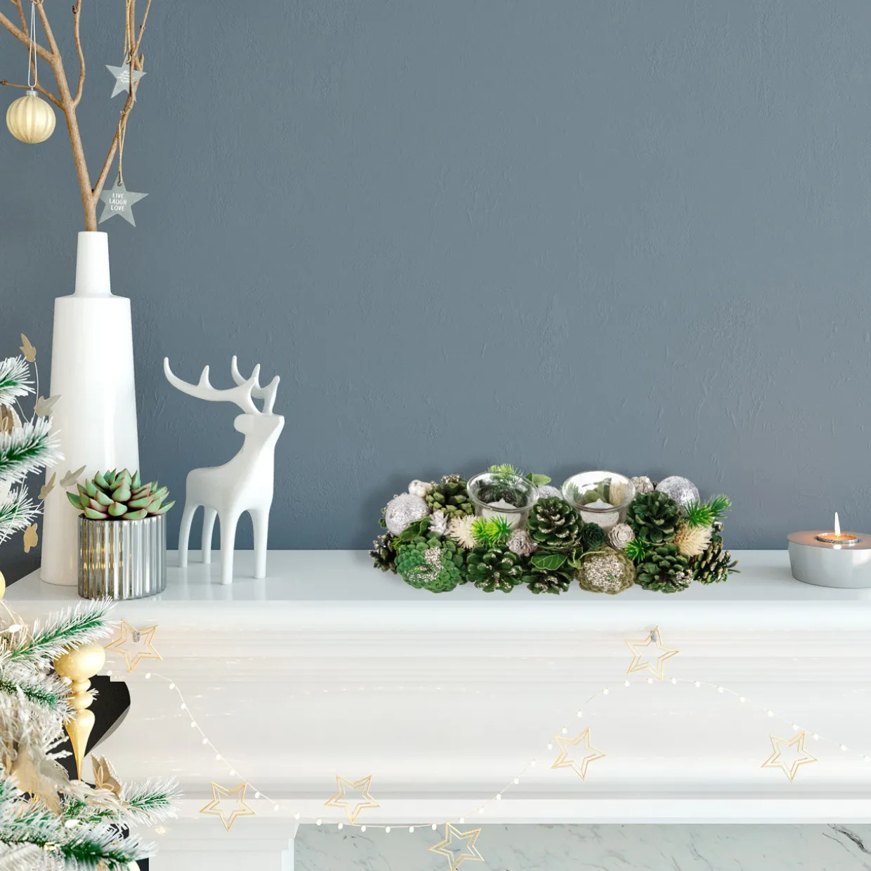 13" Green Pinecone and Silver Glitter Ornaments Christmas Tealight Candle Holder