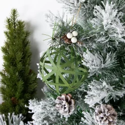 5" Green Rattan Style Christmas Ball Ornament with Pine Cone
