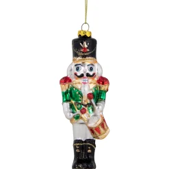5.25" Green, Red and Gold Nutcracker With Drum Glass Christmas Ornament