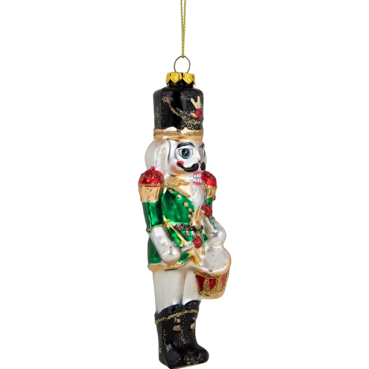 5.25" Green, Red and Gold Nutcracker With Drum Glass Christmas Ornament