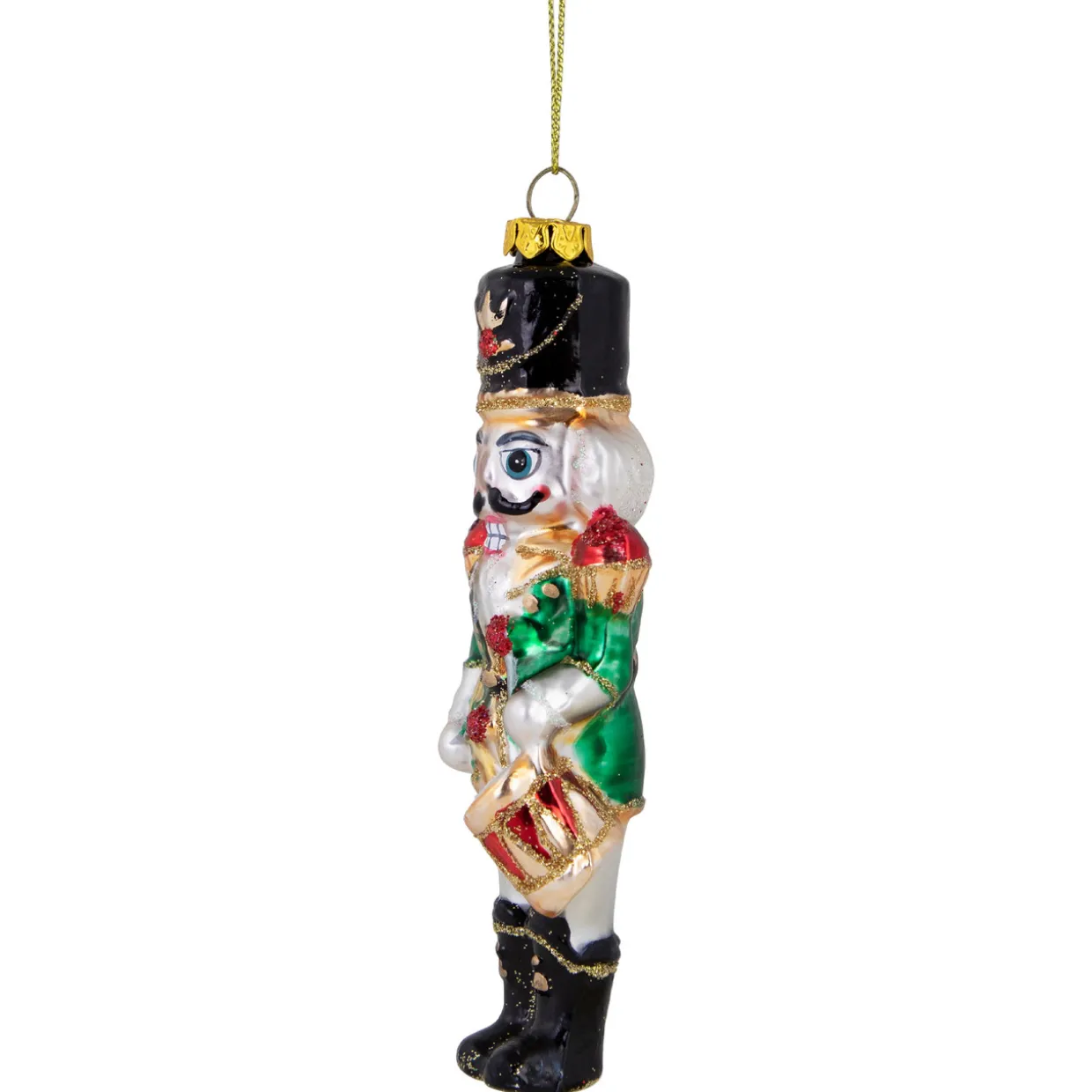 5.25" Green, Red and Gold Nutcracker With Drum Glass Christmas Ornament