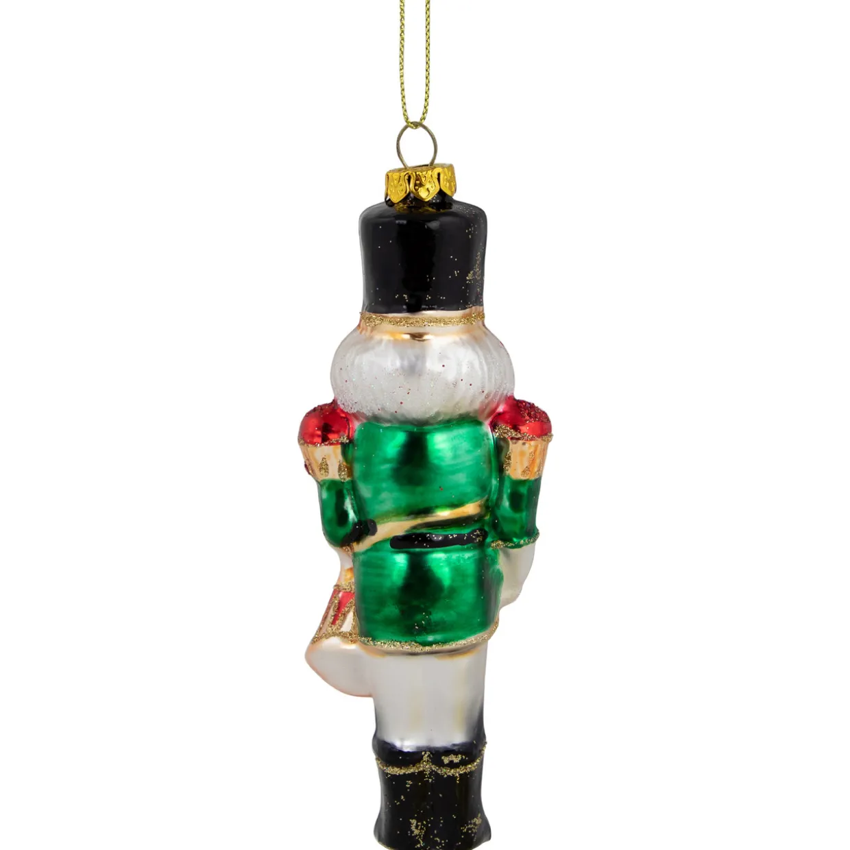 5.25" Green, Red and Gold Nutcracker With Drum Glass Christmas Ornament