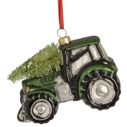 4" Green Tractor with Tree Glass Christmas Ornament