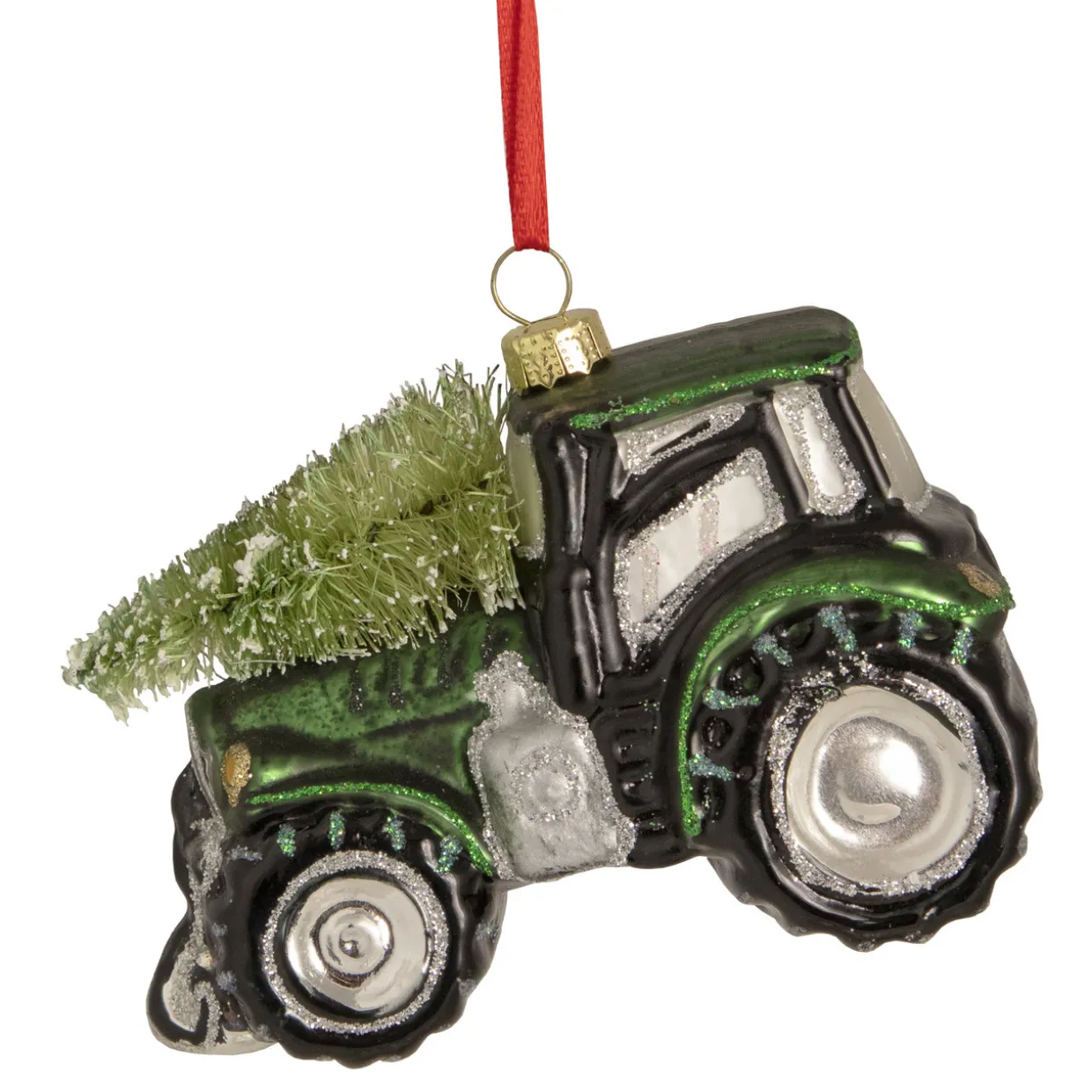 4" Green Tractor with Tree Glass Christmas Ornament