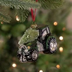 4" Green Tractor with Tree Glass Christmas Ornament