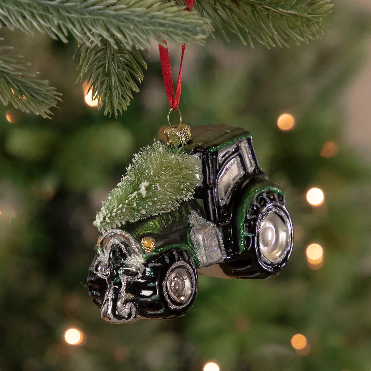 4" Green Tractor with Tree Glass Christmas Ornament