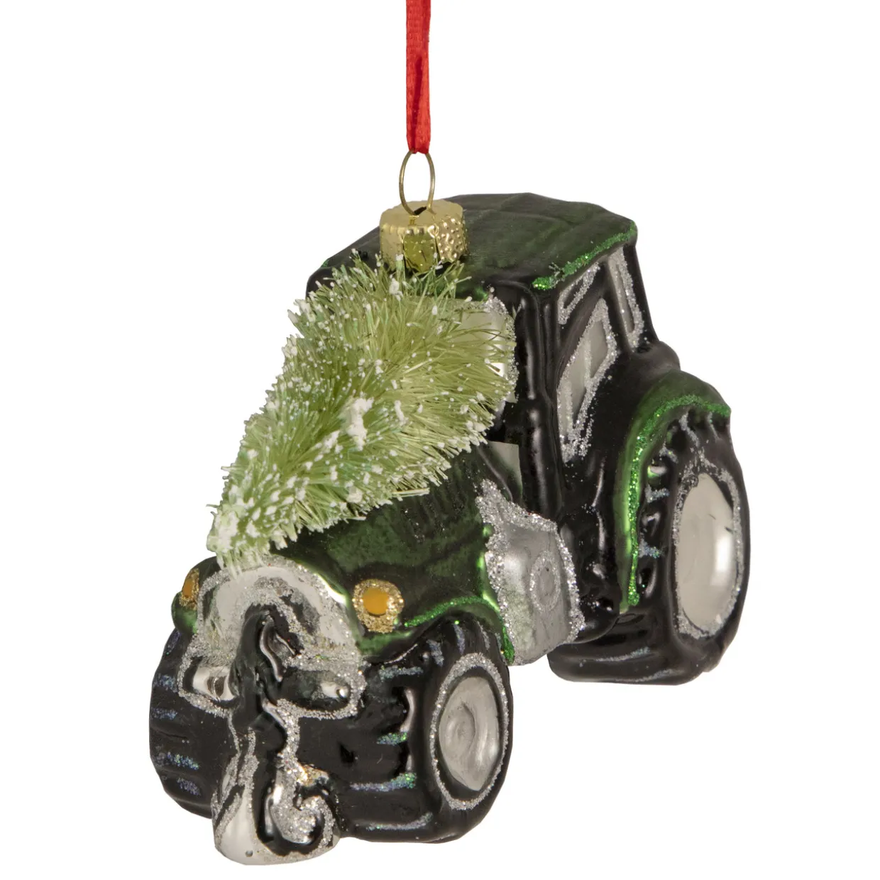 4" Green Tractor with Tree Glass Christmas Ornament