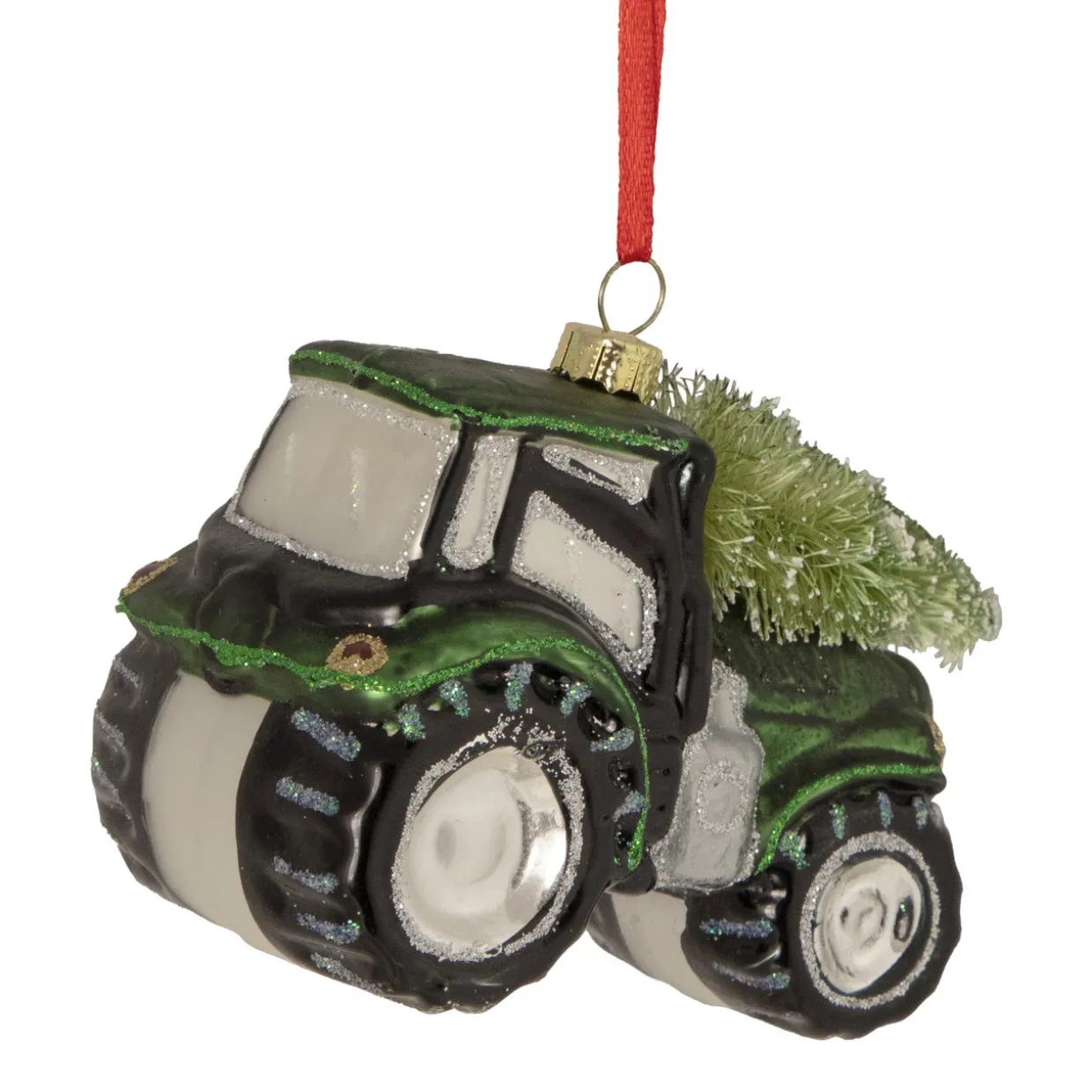 4" Green Tractor with Tree Glass Christmas Ornament
