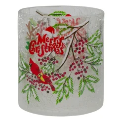 8" Hand Painted Christmas Cardinal and Pine Flameless Glass Christmas Candle Holder