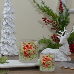 8" Hand Painted Christmas Cardinal and Pine Flameless Glass Christmas Candle Holder