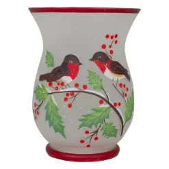 8" Hand Painted Finches and Pine Glass Christmas Candle Holder
