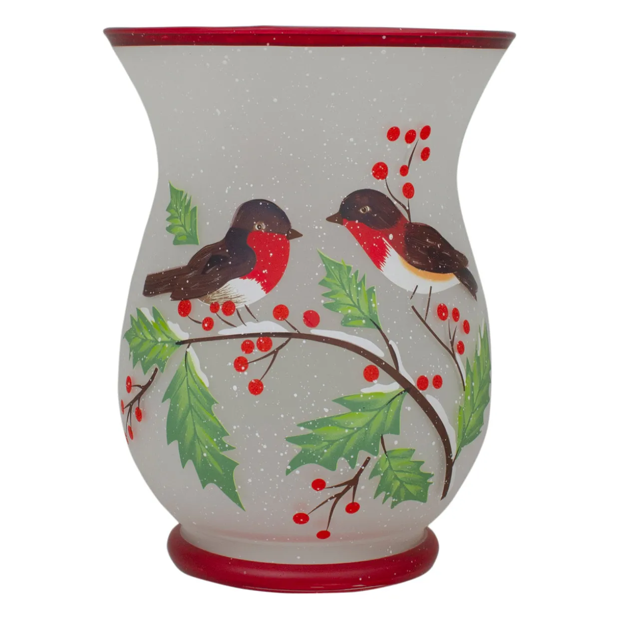 8" Hand Painted Finches and Pine Glass Christmas Candle Holder
