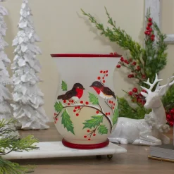 8" Hand Painted Finches and Pine Glass Christmas Candle Holder