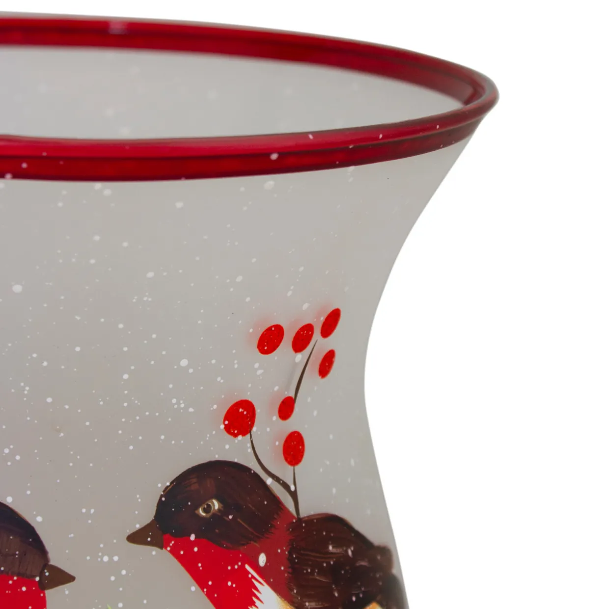 8" Hand Painted Finches and Pine Glass Christmas Candle Holder