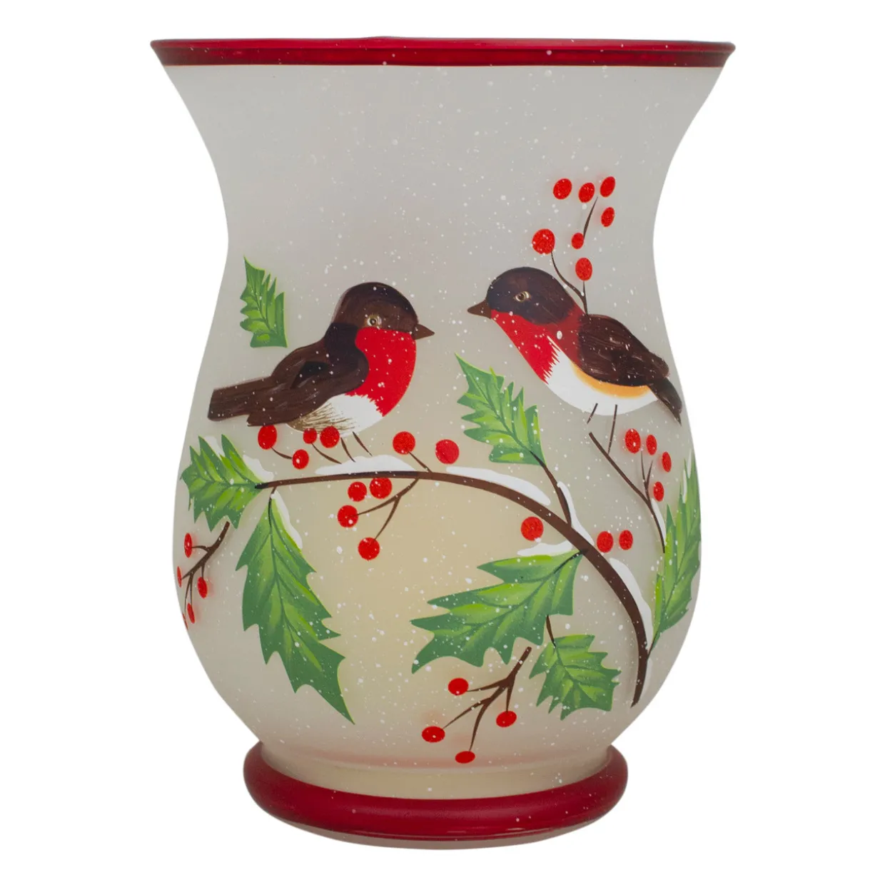 8" Hand Painted Finches and Pine Glass Christmas Candle Holder