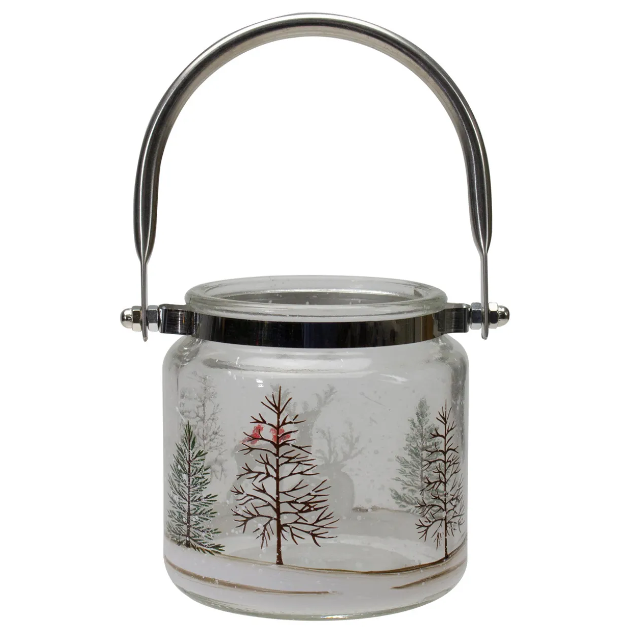 4" Hand-Painted Pine Trees and Deer Flameless Glass Christmas Candle Holder