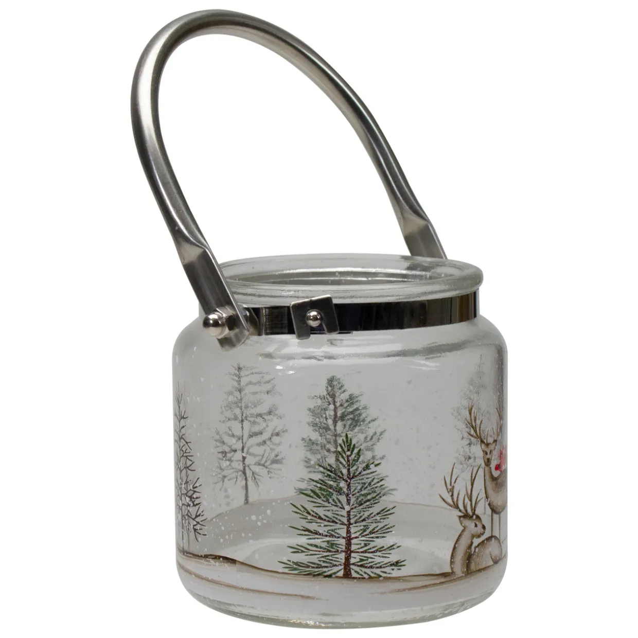 4" Hand-Painted Pine Trees and Deer Flameless Glass Christmas Candle Holder