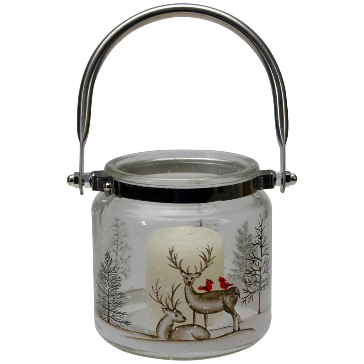 4" Hand-Painted Pine Trees and Deer Flameless Glass Christmas Candle Holder