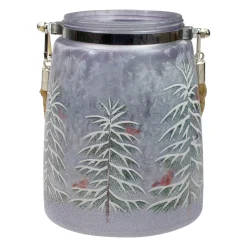 6.25" Hand-Painted Pine Trees and Cardinals Flameless Glass Christmas Candle Holder