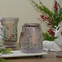 6.25" Hand-Painted Pine Trees and Cardinals Flameless Glass Christmas Candle Holder