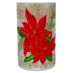 10" Hand-Painted Red Poinsettias and Gold Flameless Glass Christmas Candle Holder