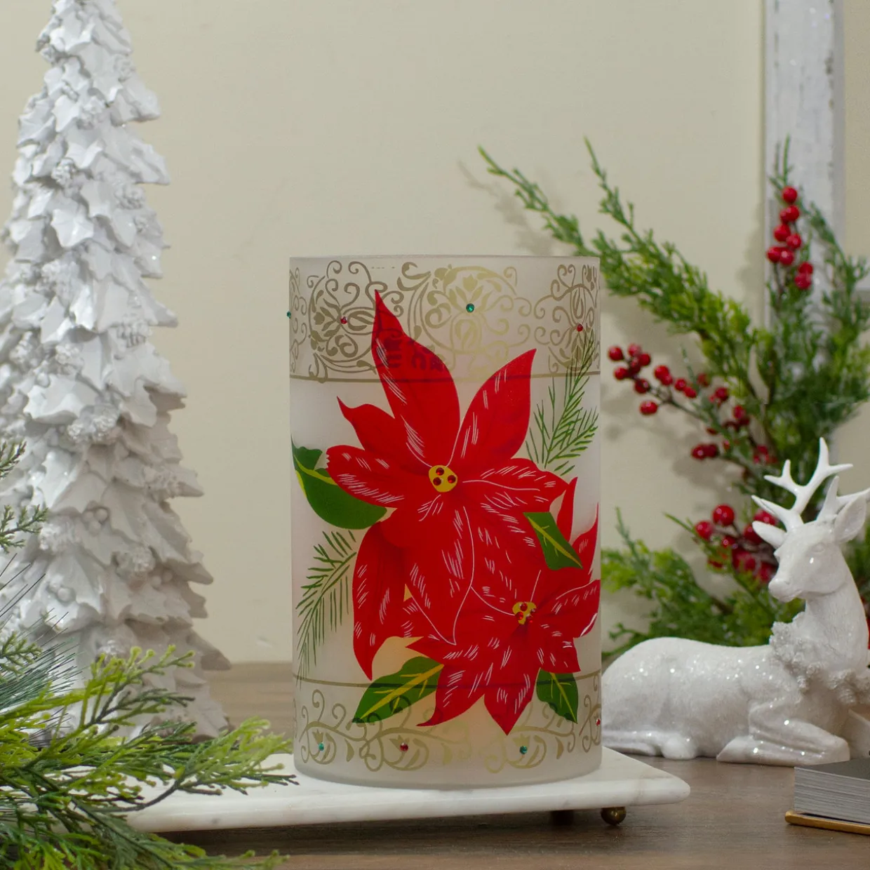 10" Hand-Painted Red Poinsettias and Gold Flameless Glass Christmas Candle Holder