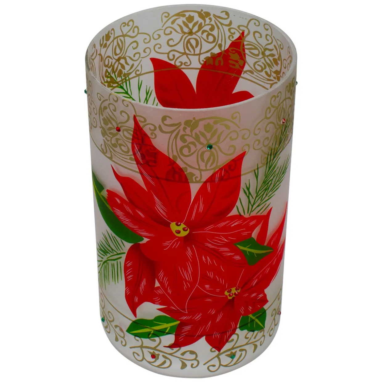 10" Hand-Painted Red Poinsettias and Gold Flameless Glass Christmas Candle Holder