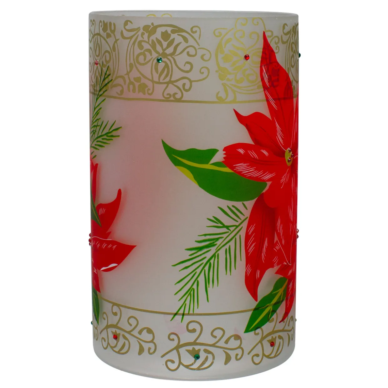 10" Hand-Painted Red Poinsettias and Gold Flameless Glass Christmas Candle Holder