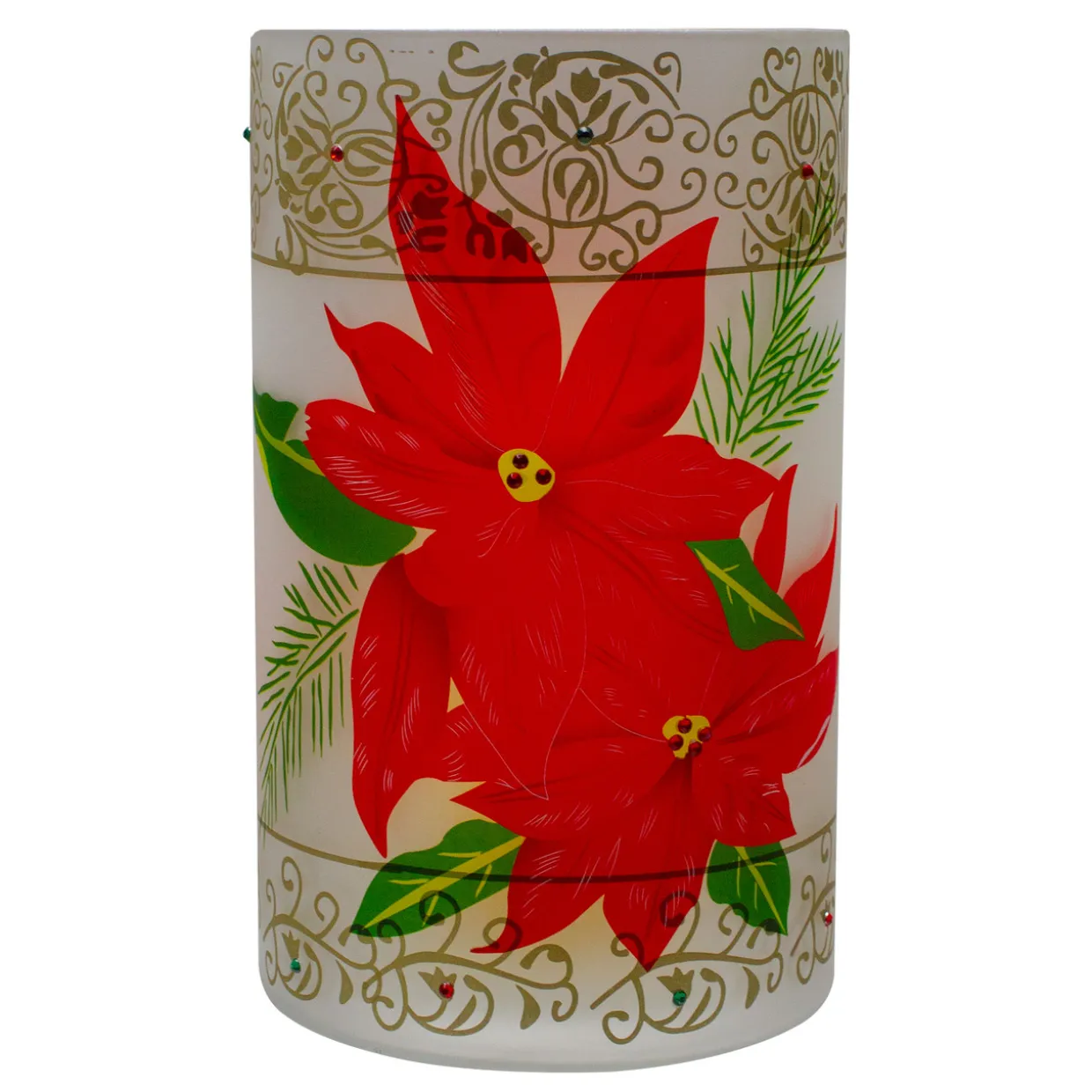 10" Hand-Painted Red Poinsettias and Gold Flameless Glass Christmas Candle Holder