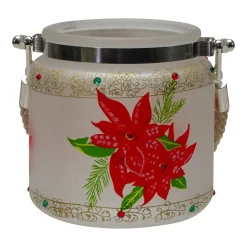 4" Hand-Painted Red Poinsettias and Gold Flameless Glass Christmas Candle Holder