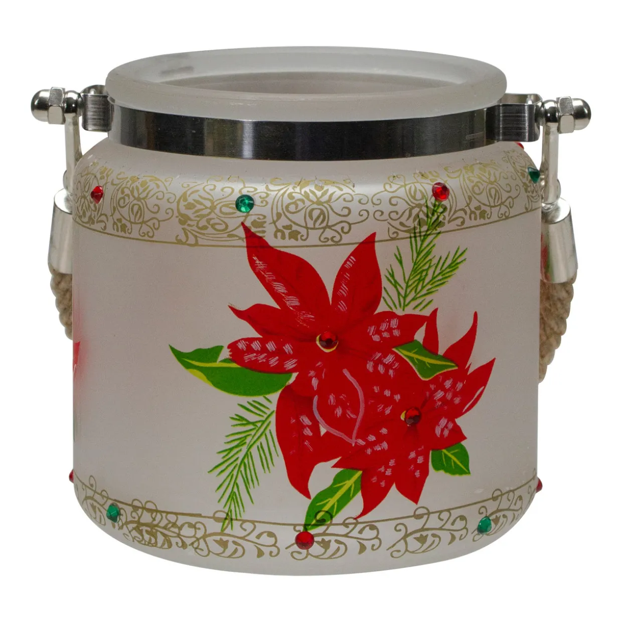 4" Hand-Painted Red Poinsettias and Gold Flameless Glass Christmas Candle Holder