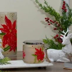 4" Hand-Painted Red Poinsettias and Gold Flameless Glass Christmas Candle Holder