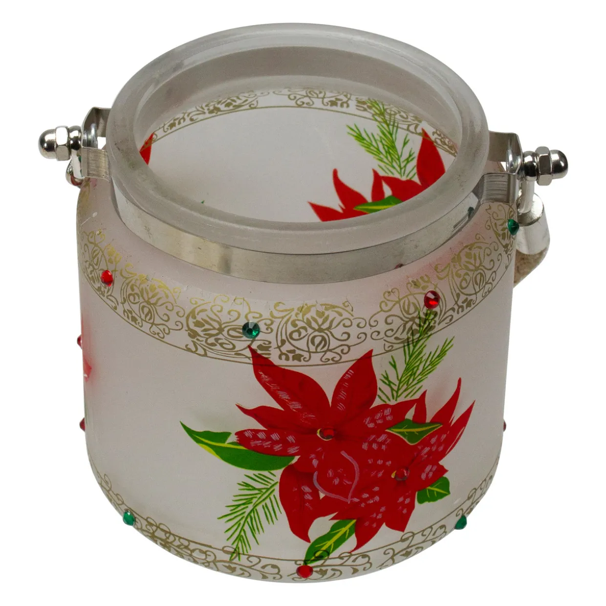 4" Hand-Painted Red Poinsettias and Gold Flameless Glass Christmas Candle Holder