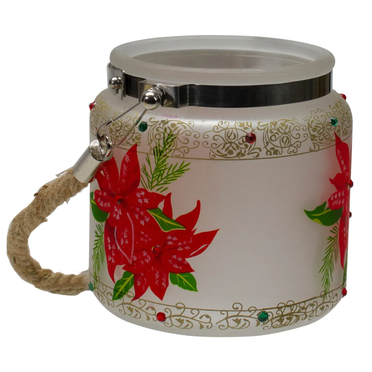 4" Hand-Painted Red Poinsettias and Gold Flameless Glass Christmas Candle Holder