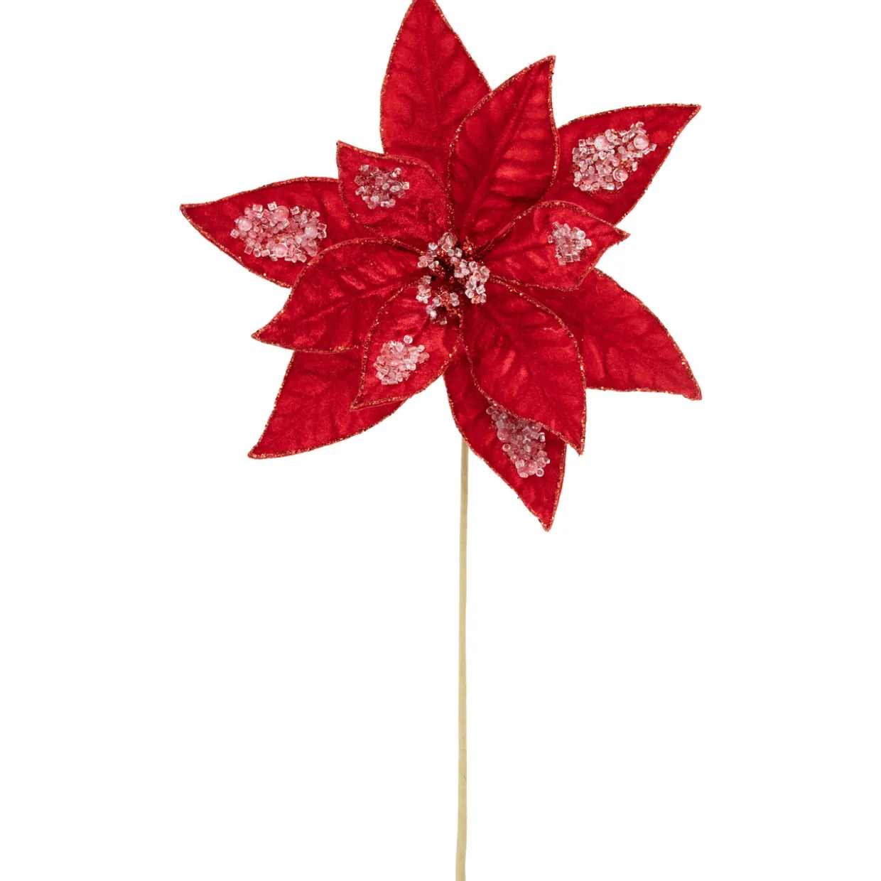 28" Icy Red Velvet Poinsettia Glittered Christmas Stem Spray