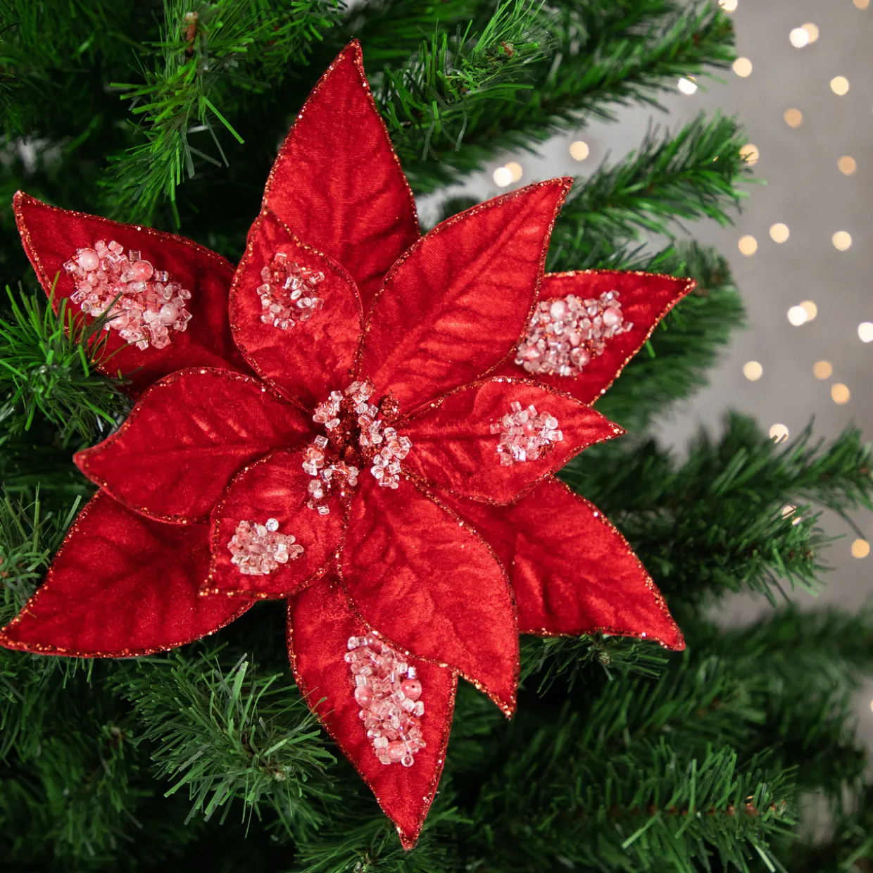 28" Icy Red Velvet Poinsettia Glittered Christmas Stem Spray