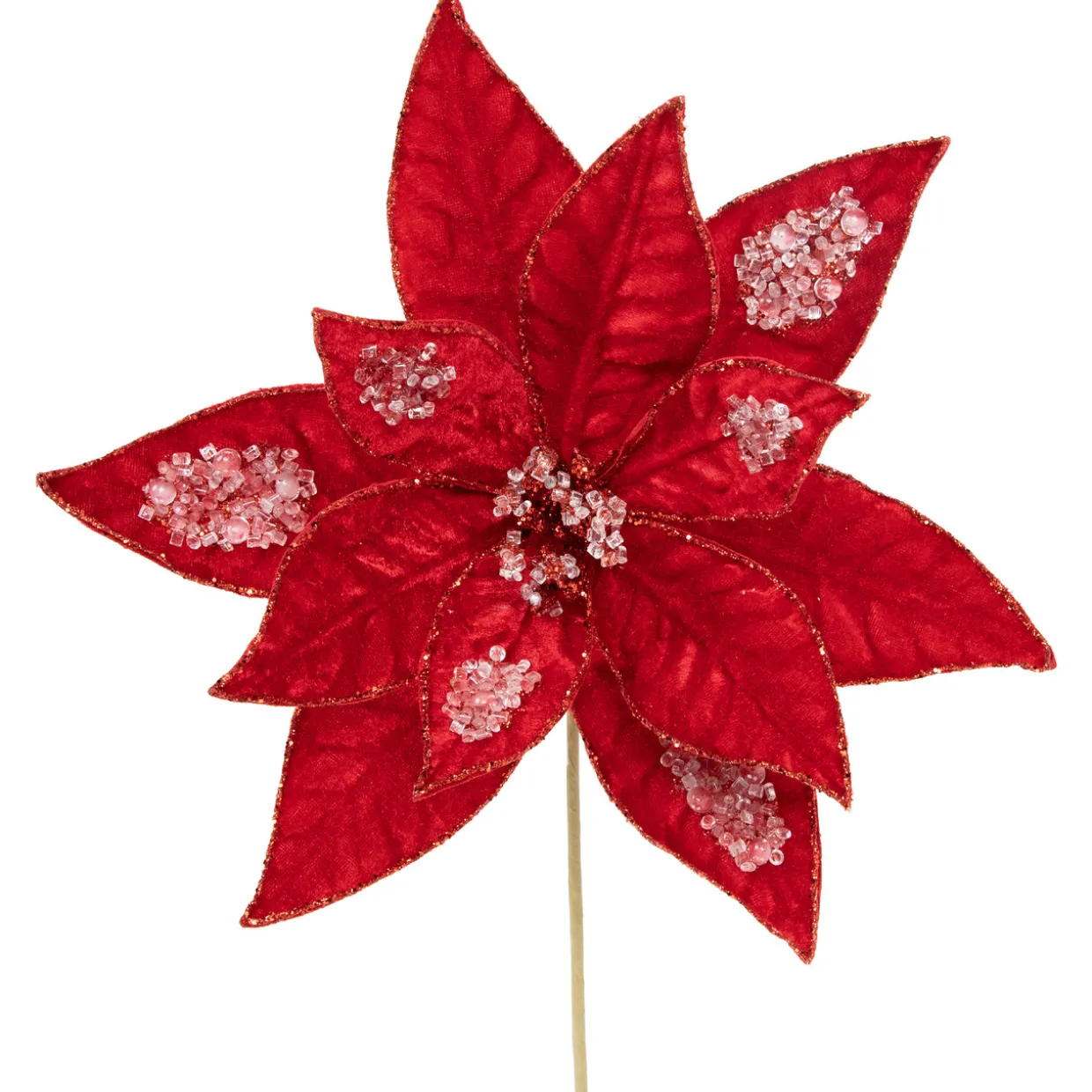 28" Icy Red Velvet Poinsettia Glittered Christmas Stem Spray