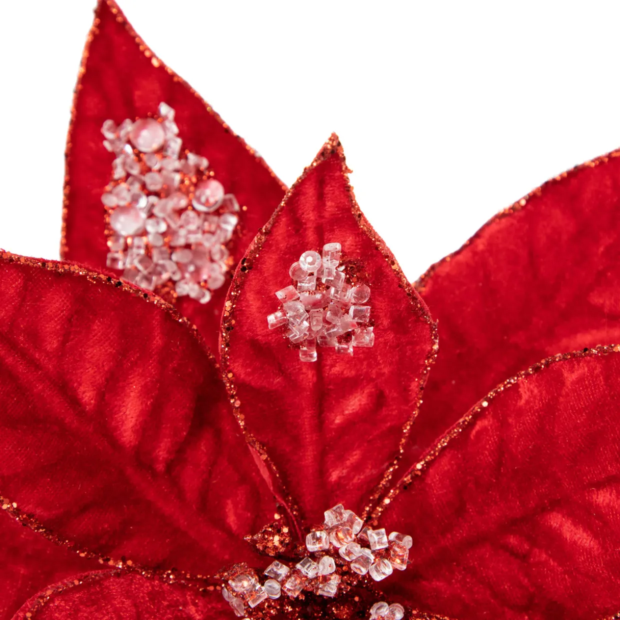28" Icy Red Velvet Poinsettia Glittered Christmas Stem Spray