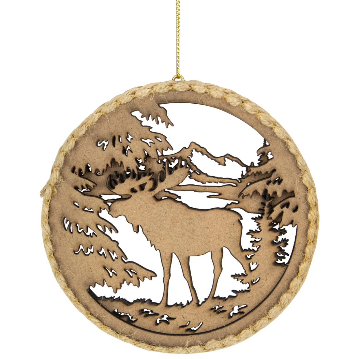 4.25 in Moose with Forest Trees Disk Christmas Ornament, Brown