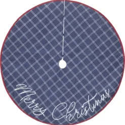 48 inch Blue Plaid Denim Embroidered Merry Christmas Holiday Tree Skirt